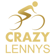 Golden silhouette of a cyclist above the text "Crazy Lenny's". The cyclist's figure and the text are stylized and bold, creating a dynamic, eye-catching logo.