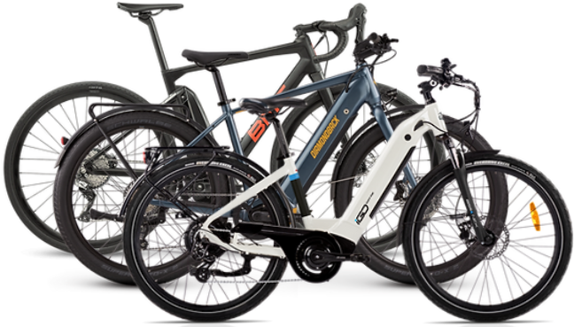 Three electric bikes are shown. The bikes have sleek designs with different color schemes: one primarily black, another black with orange accents, and the third a mix of white, blue, and black. Each bike features a robust frame and thick tires—perfect for students on the go, now available with a student discount.