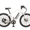 A white, sleek Serfas eDASH with a sturdy frame, black tires, and a black saddle. The bike features a chain-driven mechanism, front and rear wheels with Serfas disc brakes, and an attached battery. There's an "eDASH" logo on the frame near the seat.