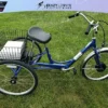 A blue Sun E350 Electric Tricycle with a black cushioned seat and a large rear basket is parked on a grassy lawn. The basket contains a white box. The logo at the top reads "Crazy Lenny's Electric Bikes," with social media prompts and a Google review badge. A blue Sun E350 Electric Tricycle with a black cushioned seat and a large rear basket is parked on a grassy lawn. The basket contains a white box. The logo at the top reads "Crazy Lenny's Electric Bikes," with social media prompts and a Google review badge.