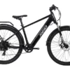 The Reid E-Scape MY23 electric bike boasts a sleek black frame, front suspension fork, and wide tires. It features a rear pannier rack, front and rear fenders, and disc brakes. The battery is integrated into the lower frame for a streamlined appearance. The Reid E-Scape MY23 electric bike boasts a sleek black frame, front suspension fork, and wide tires. It features a rear pannier rack, front and rear fenders, and disc brakes. The battery is integrated into the lower frame for a streamlined appearance.