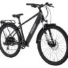 A black Reid E-Scape MY23 electric mountain bike with a sturdy frame, front suspension, disc brakes, and a rear luggage rack. The bike features thick, knobby tires designed for off-road terrain, and the battery is integrated into the frame for a sleek look. A black Reid E-Scape MY23 electric mountain bike with a sturdy frame, front suspension, disc brakes, and a rear luggage rack. The bike features thick, knobby tires designed for off-road terrain, and the battery is integrated into the frame for a sleek look.