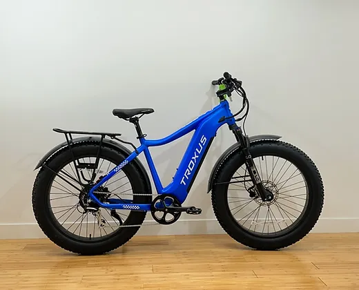 Image of a blue Troxus Explorer 26" E-bike (Step-Thru or Step-Over) positioned against a plain white wall. The E-bike features large, rugged tires, a sturdy frame, and an attached rear cargo rack. The handlebars are equipped with gear and brake levers, and the bike stands on a wooden floor.