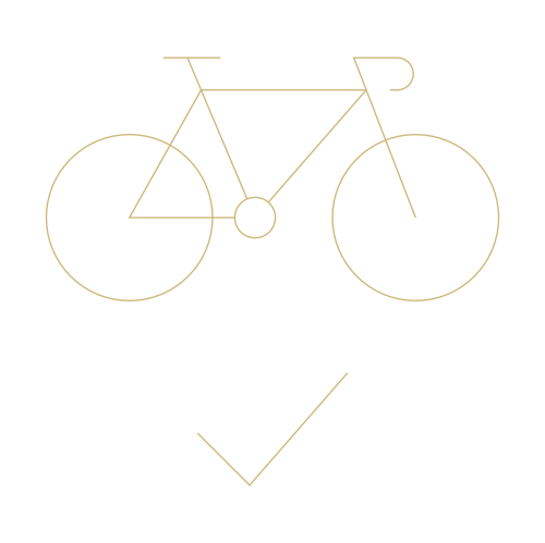 A minimalistic, gold outline of a bicycle is displayed against a black background, symbolizing our "About Us" ethos. Below the bicycle outline, there is a gold checkmark symbol.
