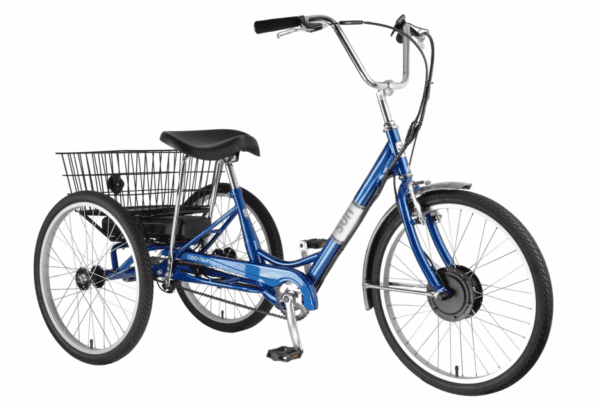 Blue adult tricycle with rear basket.