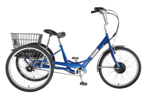 Blue adult tricycle with rear basket