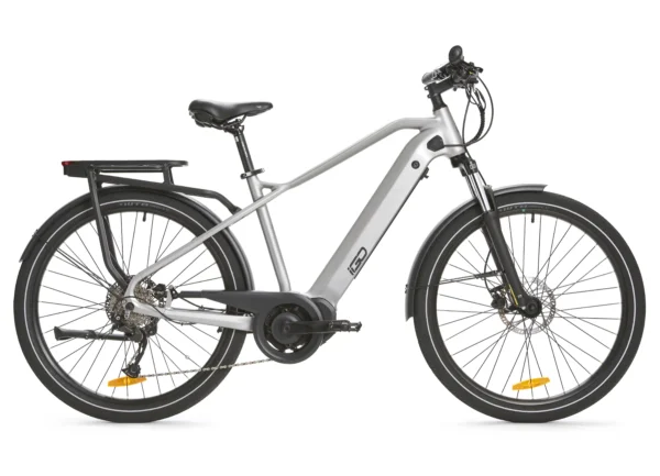 Silver e-bike with rear rack and black features.