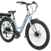 Silver electric bicycle with black tires.