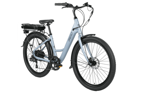 Silver electric bicycle with black tires.