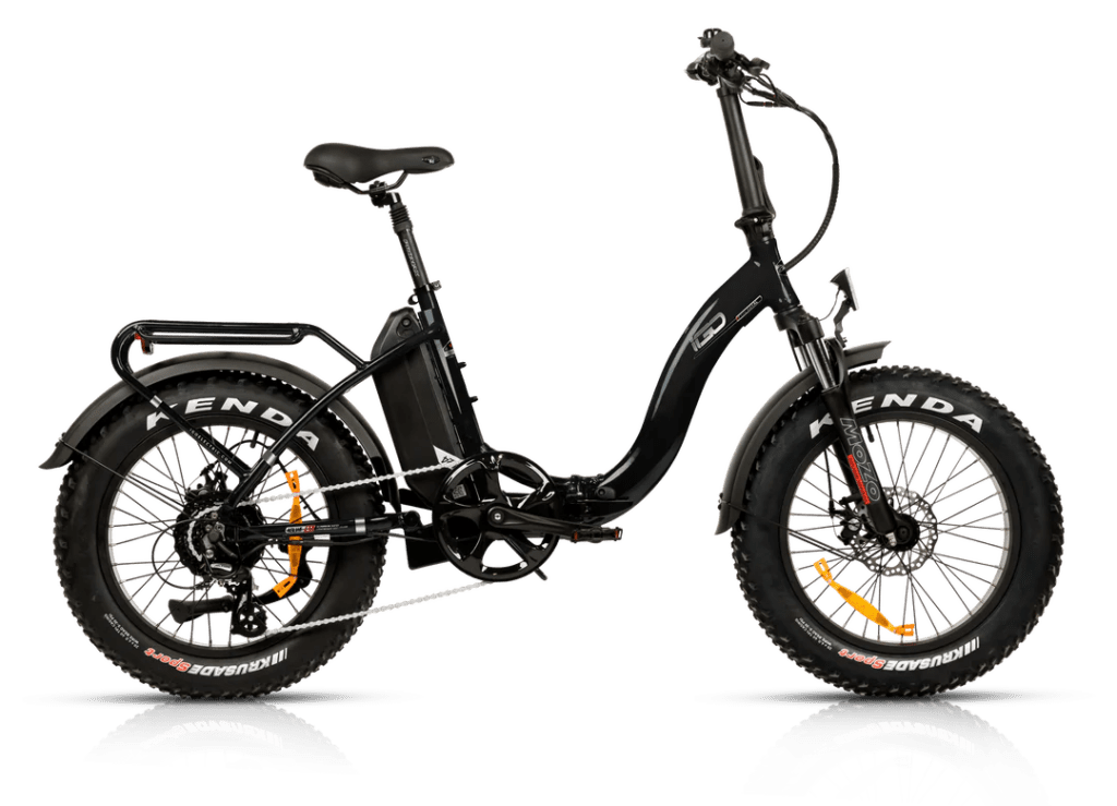 Black electric folding bike with Kenda tires.