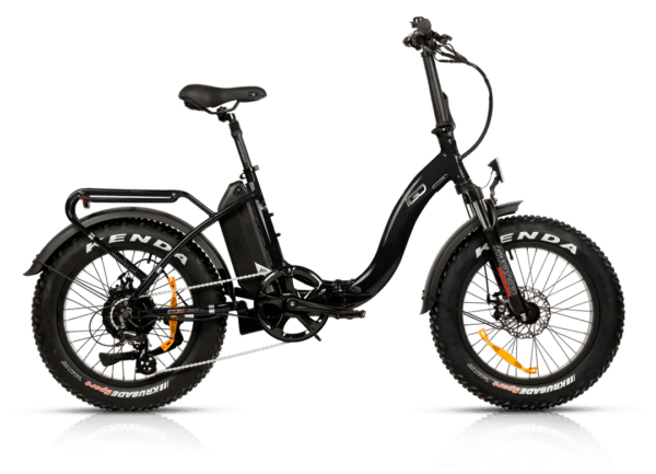 Black electric folding bike with Kenda tires.