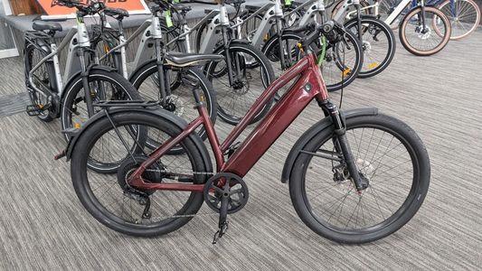 Display of various electric bicycles in a store.