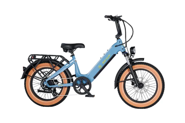 Blue electric bike with tan tires and rack.