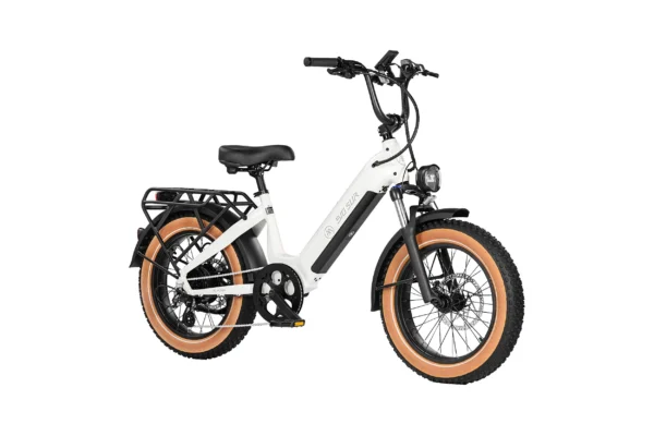 White electric bike with black accents and tan tires.