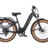 The Aima Big Sur Fat Tire eBike, shown in profile on a white background, features tan tires, a step-through frame, front headlight, front suspension fork, and a rear rack. The Aima Big Sur Fat Tire eBike, shown in profile on a white background, features tan tires, a step-through frame, front headlight, front suspension fork, and a rear rack.