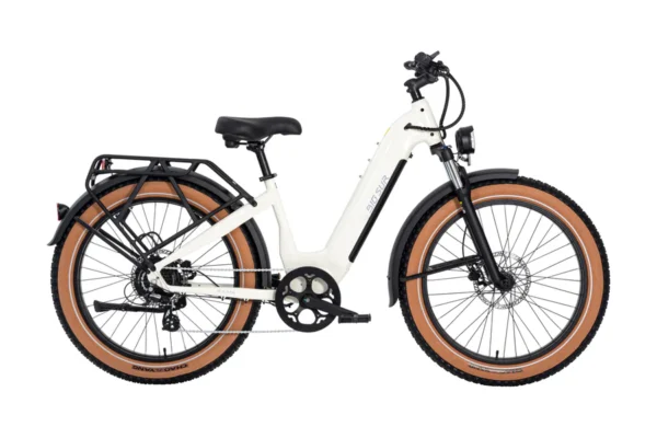 White electric bike with brown tires and black rack.