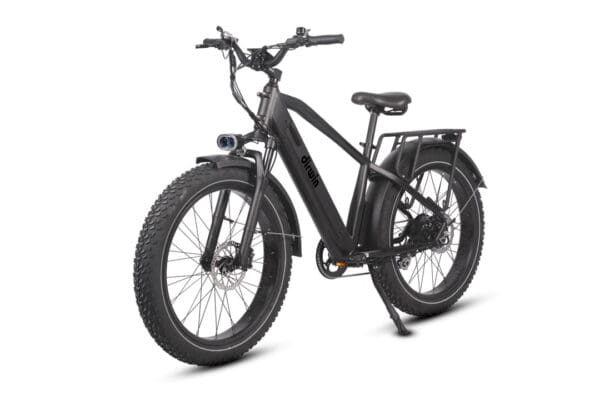 Black electric fat tire bike on white background.