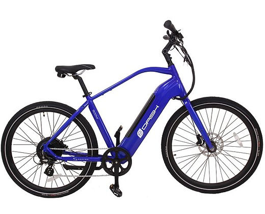 Blue electric bicycle with black wheels and seat.