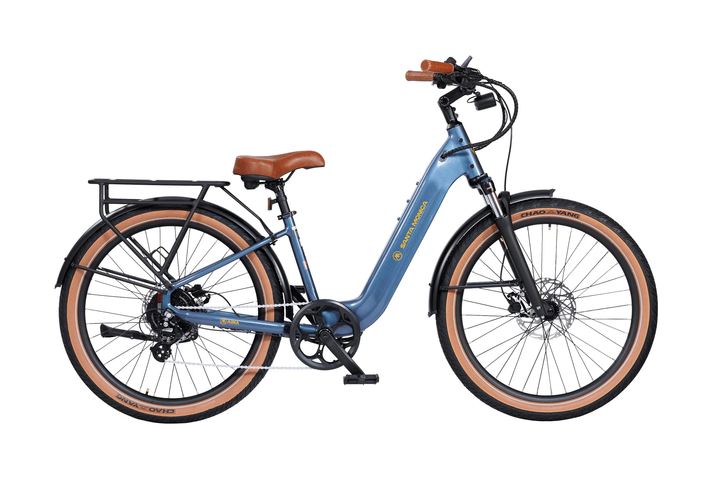 Blue electric bike with tan seat and tires.