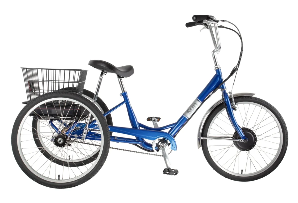 Sun e350 Blue three-wheeled electronic trike with rear basket