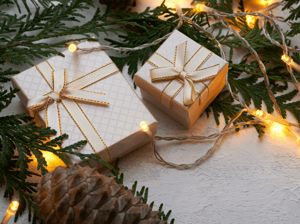 Gift boxes with lights and pine leaves