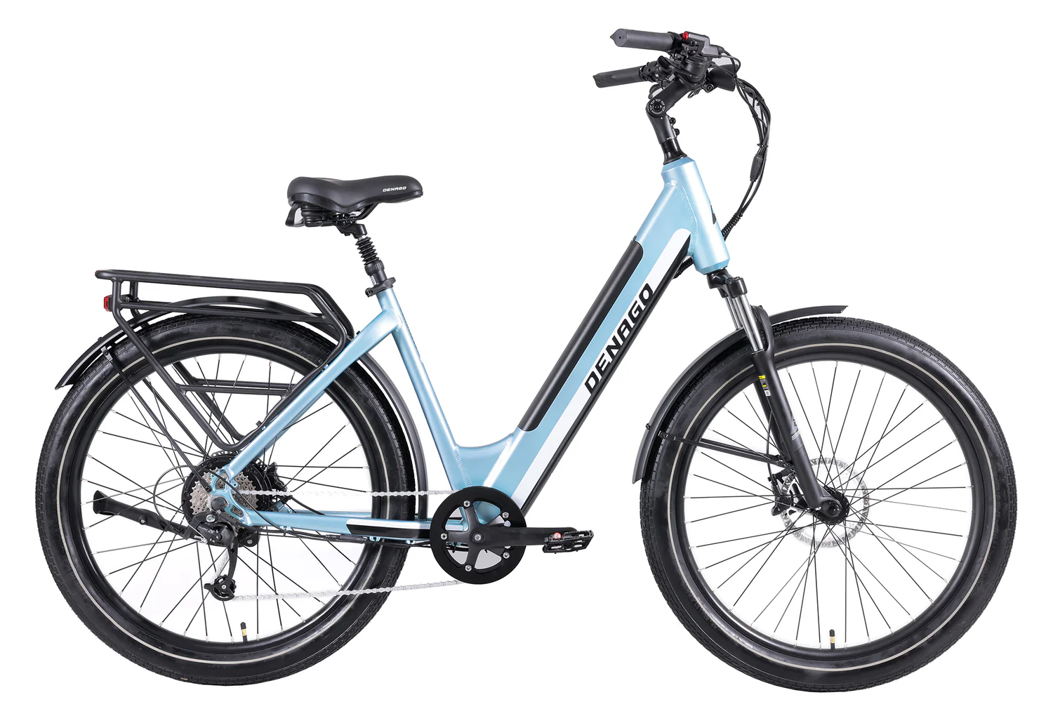 Blue Denago electric bike with rack and fenders.