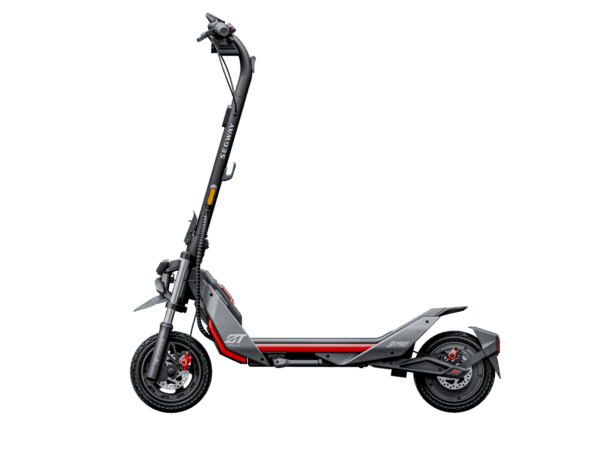 Black electric scooter with red accents, side view.