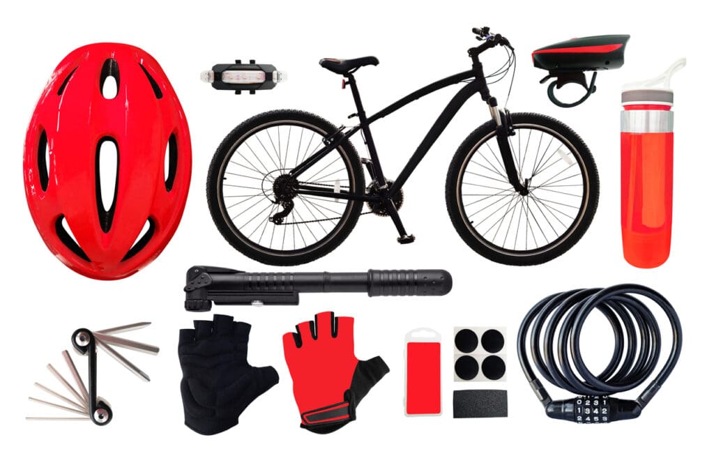 Bicycle and accessories including helmet, lock, gloves.