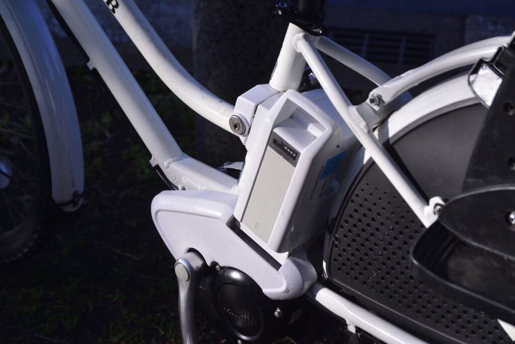 Close-up of electric bicycle battery system.