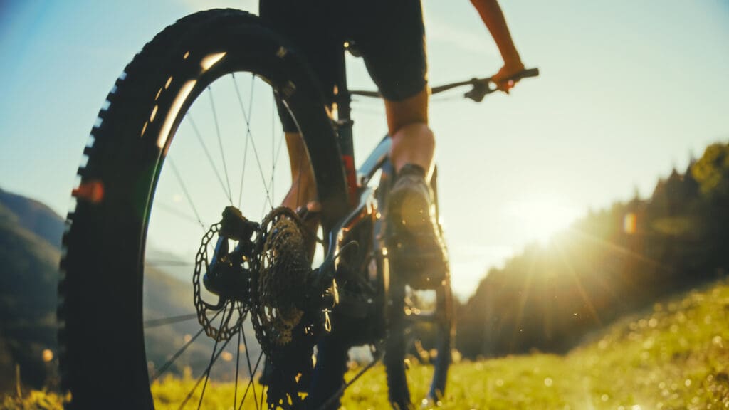 Mountain biker riding on grassy trail at sunset.