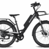 A Surface 604 V Rook electric bike in black is shown from the side on a plain white background, featuring wide tires, front and rear racks, and Surface 604 branding on the frame. Electric bike with cargo rack