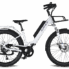 The Surface 604 V Rook is a white e-bike with black accents, a step-through frame, front and rear racks, disc brakes, and thick tiresโall shown against a white background. White electric bicycle, side view with cargo rack.