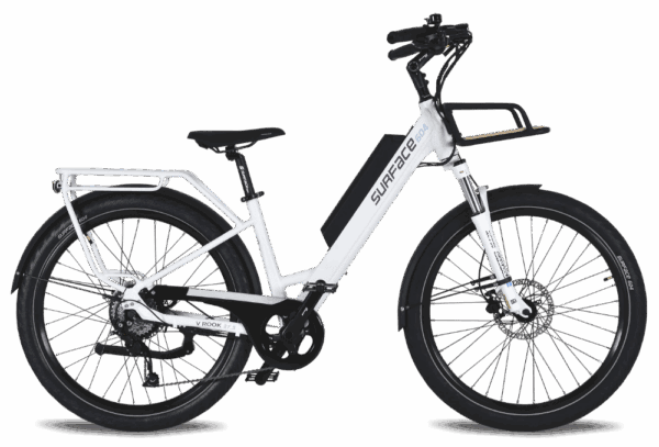 White electric bicycle, side view with cargo rack.