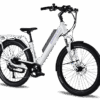 A Surface 604 V Rook electric bike with a step-through frame, front suspension fork, black fenders, rear cargo rack, and knobby tires is shown from a front-side angle on a white background. White electric bicycle with suspension fork and rear rack.