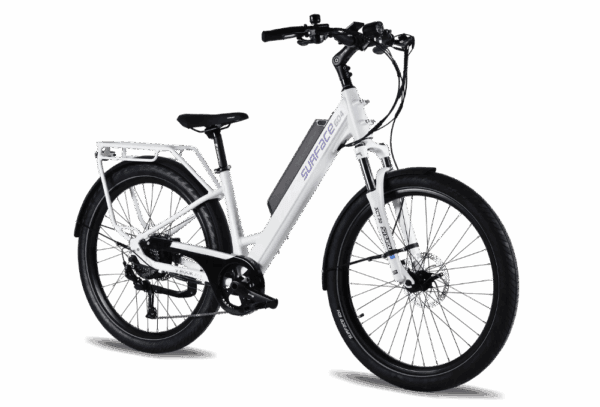 White electric bicycle with suspension fork and rear rack.