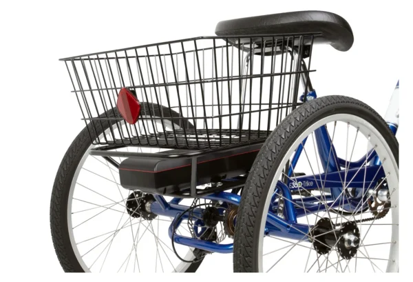 Electric tricycle rear basket and wheel close-up