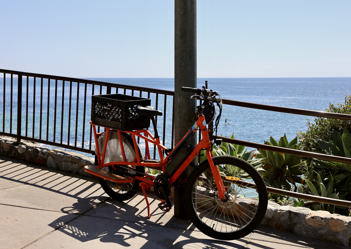 Red cargo bike by ocean view railing.