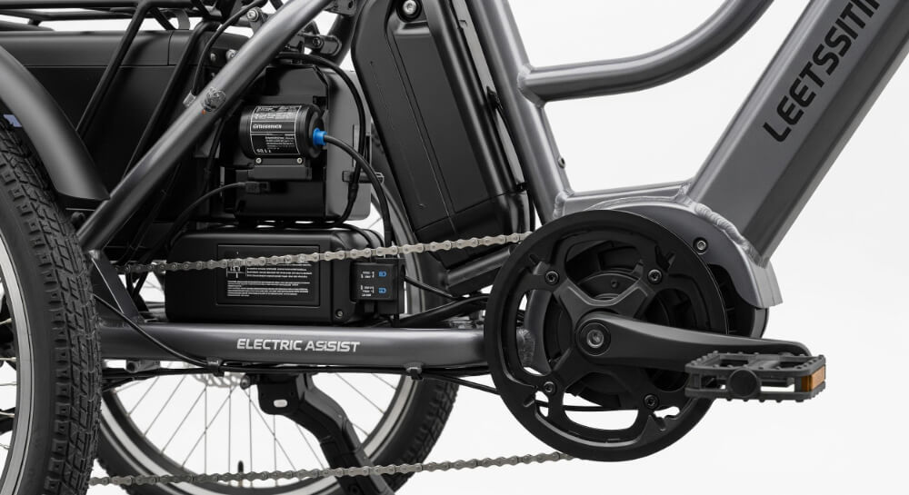 Close-up of electric bike drivetrain and motor system.
