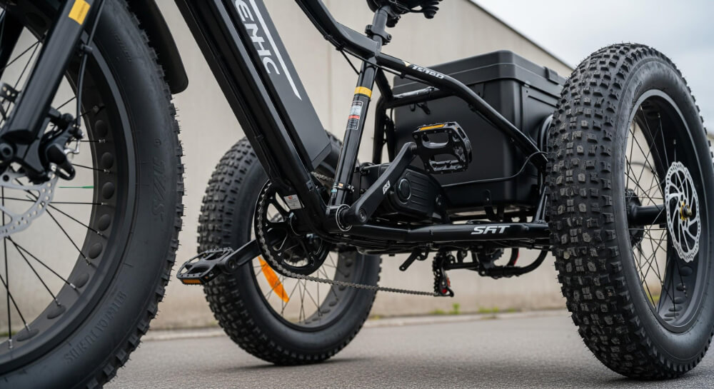 Close-up of electric power assisted tricycle wheels.