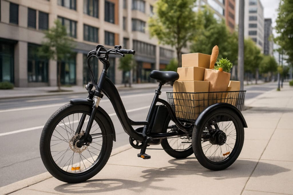 Cargo bike loaded with packages on city sidewalk.