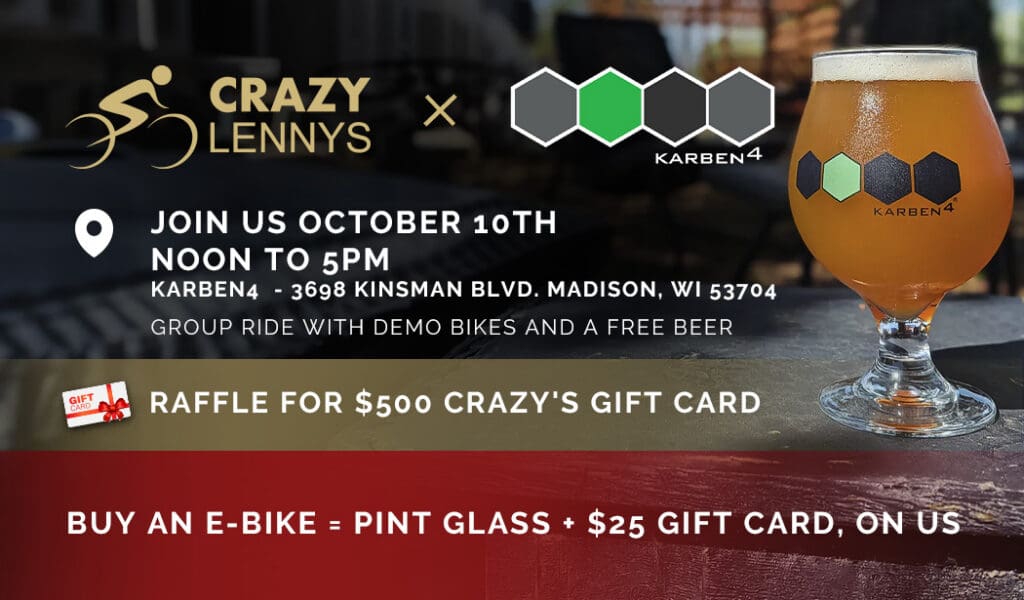 Crazy Lenny's and Karben4 e-bike event flyer
