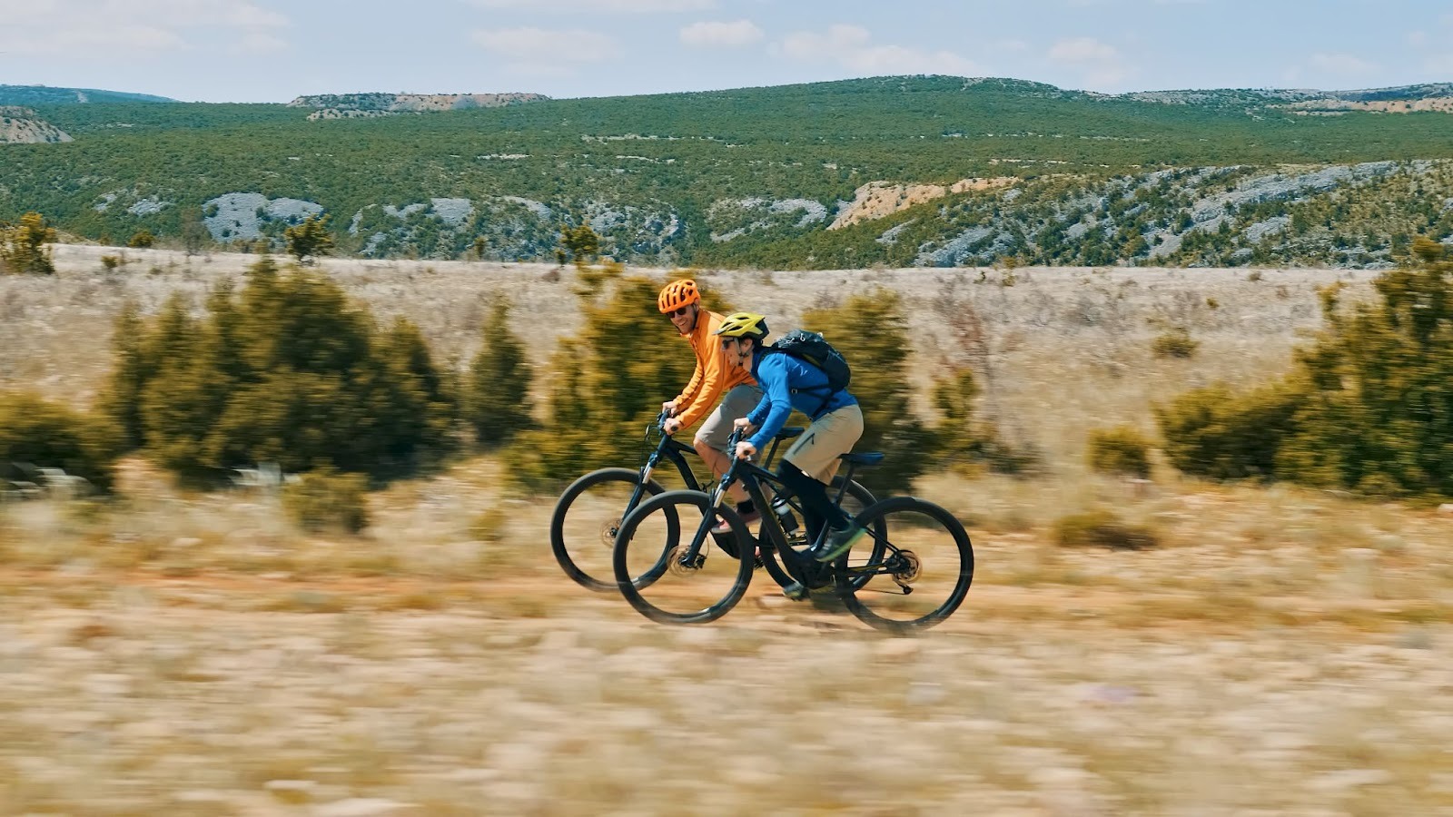 Two cyclists riding bikes in scenic landscape.