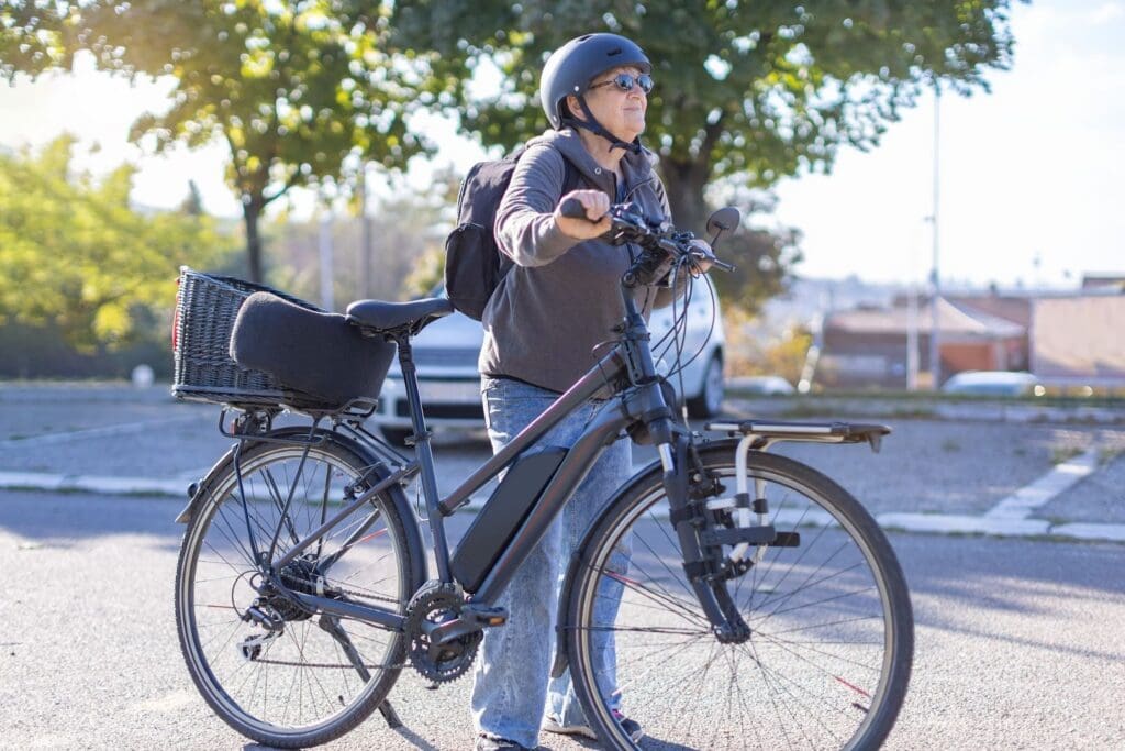 Woman in helmet holding an electric bike outdoors.