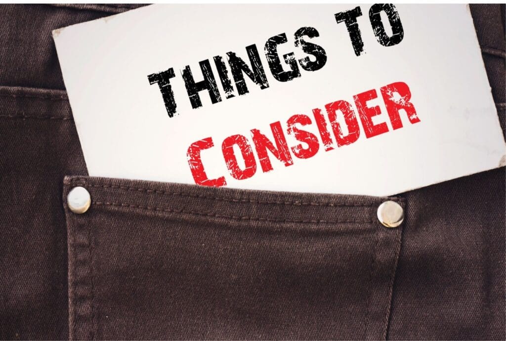 Card in pocket reads 'Things to Consider'.