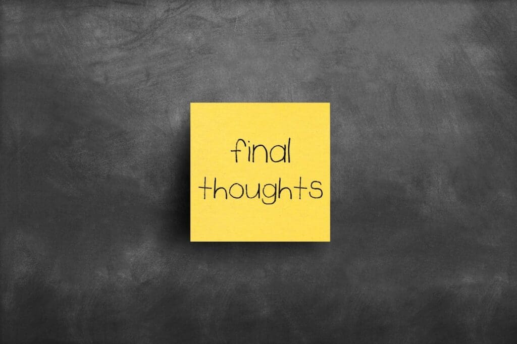 Yellow sticky note reads 'final thoughts' on blackboard.