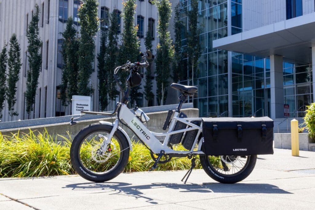 Electric bike parked outside modern building