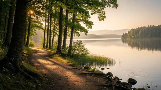 Sunlit forest path beside calm mountain lake