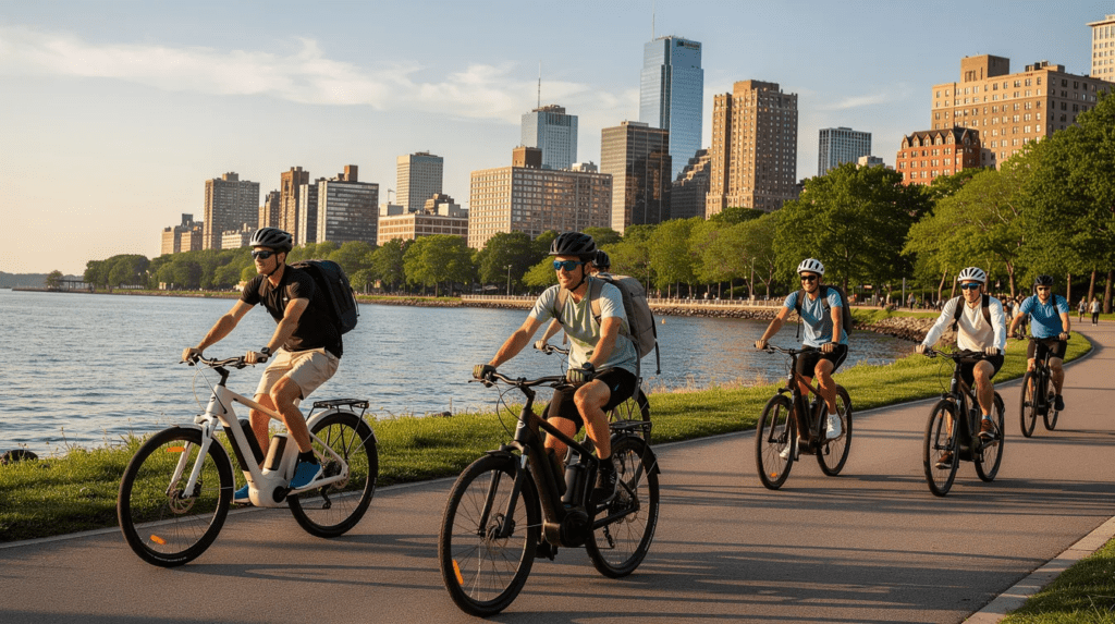 Cyclists riding along waterfront with city skyline