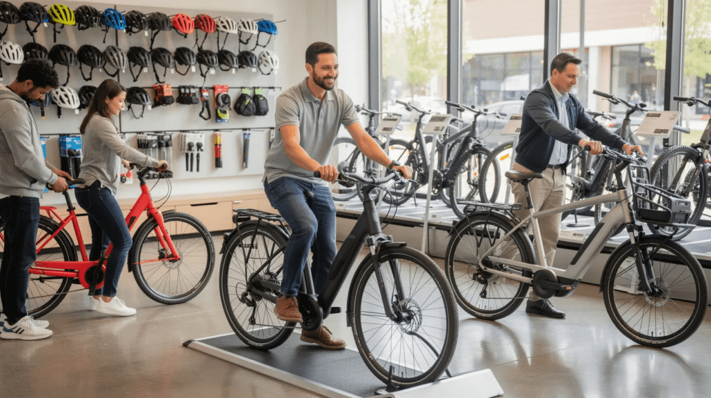 Customers test riding electric bikes in store