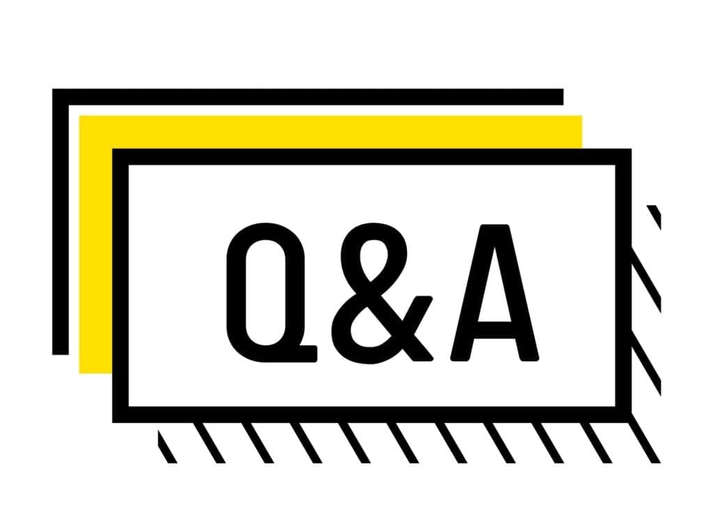 Q&A text inside layered black and yellow frame